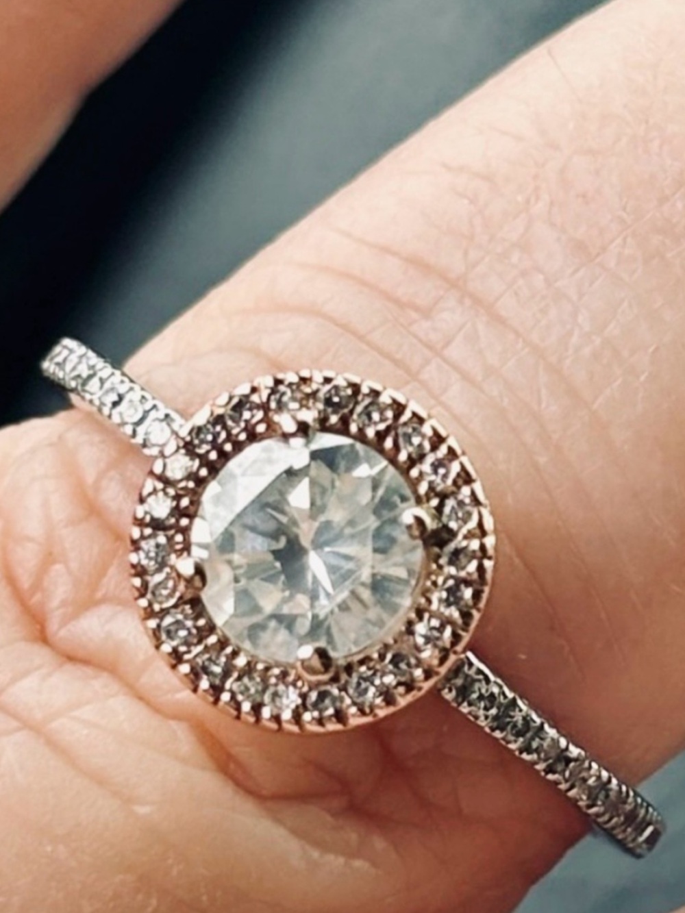 18k White & Rose Gold Dipped Halo Engagement Ring Diamonds Moissanite Center 7.5